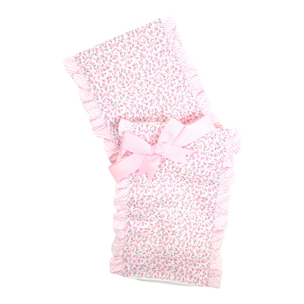 Cotton burp cloth for baby with pink floral print fabric and seersucker stripe ruffle trim, 3 Marthas