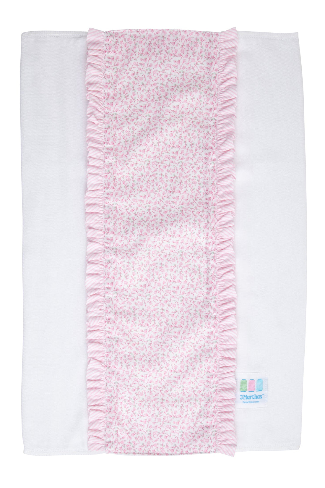 Cotton burp cloth for baby with pink floral print fabric and seersucker stripe ruffle trim, 3 Marthas