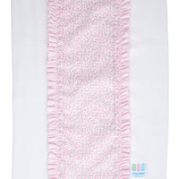 Cotton burp cloth for baby with pink floral print fabric and seersucker stripe ruffle trim, 3 Marthas