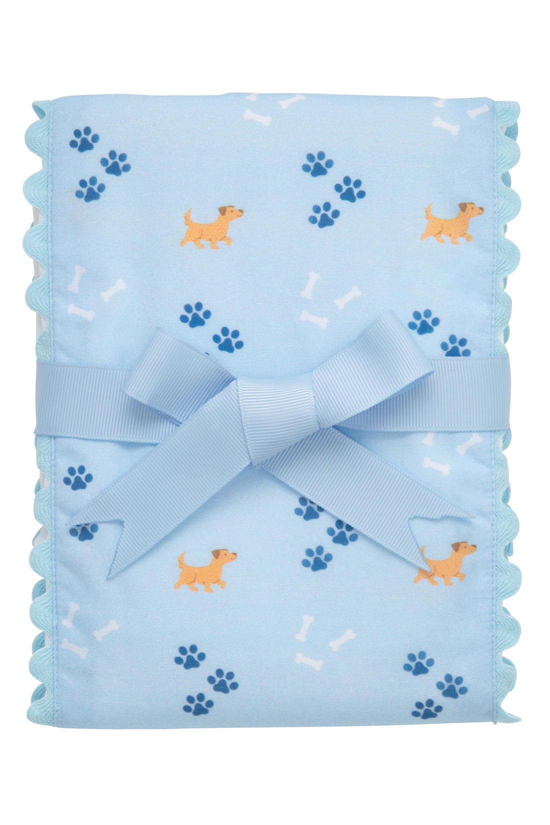 Cotton burp cloth for baby with blue puppy, paw print, and dog bones print fabric and blue ric rac trim, 3 Marthas