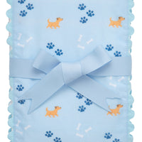 Cotton burp cloth for baby with blue puppy, paw print, and dog bones print fabric and blue ric rac trim, 3 Marthas