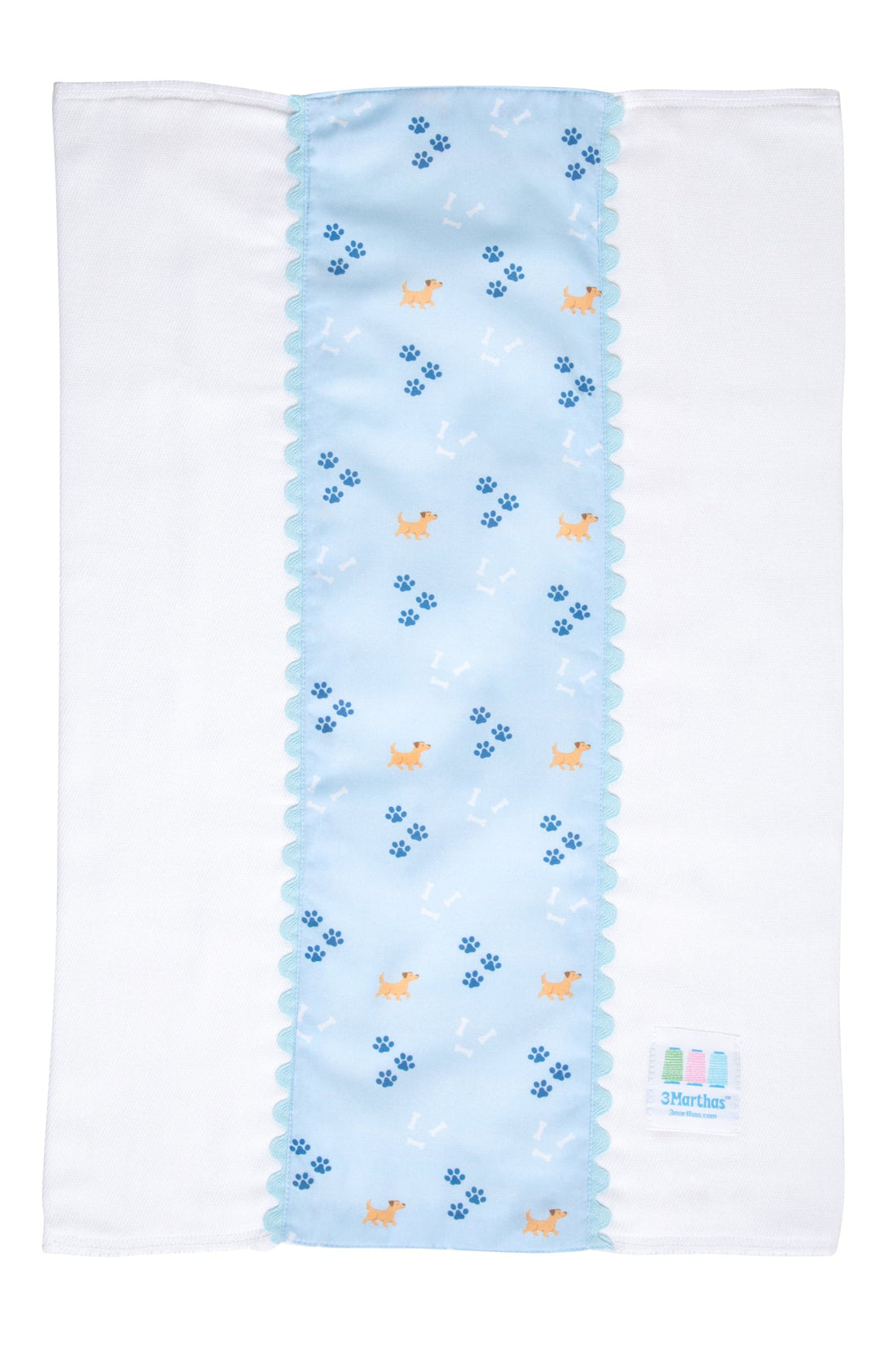Cotton burp cloth for baby with blue puppy, paw print, and dog bones print fabric and blue ric rac trim, 3 Marthas