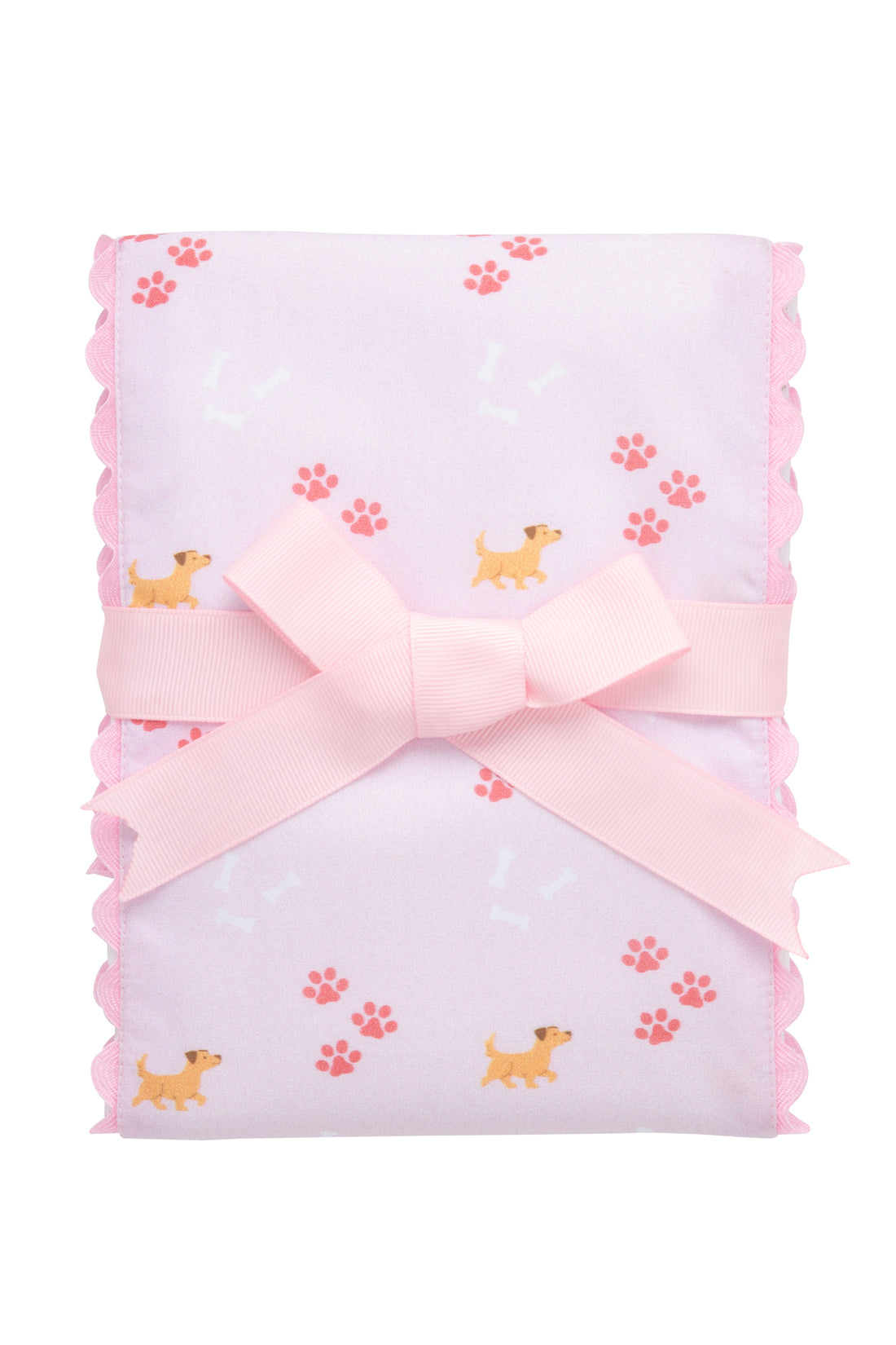 Cotton burp cloth for baby with pink puppy, paw print, and dog bones print fabric and pink ric rac trim, 3 Marthas