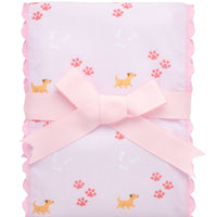 Cotton burp cloth for baby with pink puppy, paw print, and dog bones print fabric and pink ric rac trim, 3 Marthas