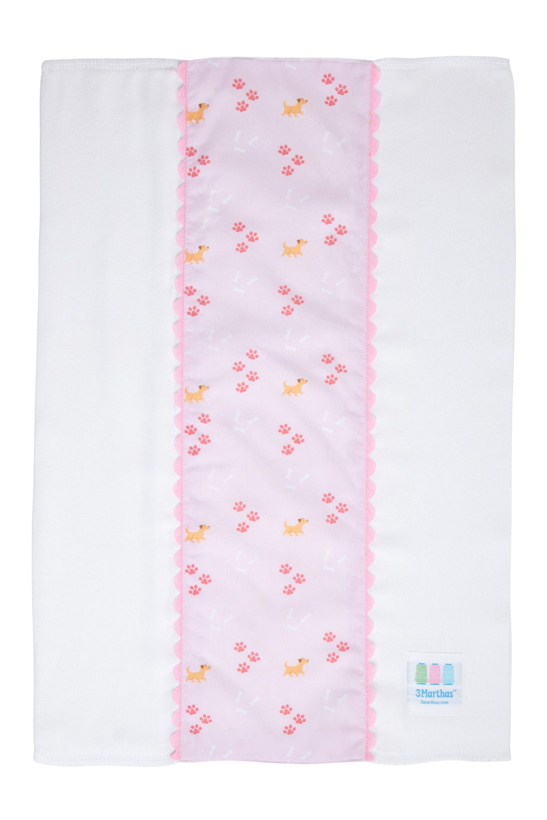 Cotton burp cloth for baby with pink puppy, paw print, and dog bones print fabric and pink ric rac trim, 3 Marthas