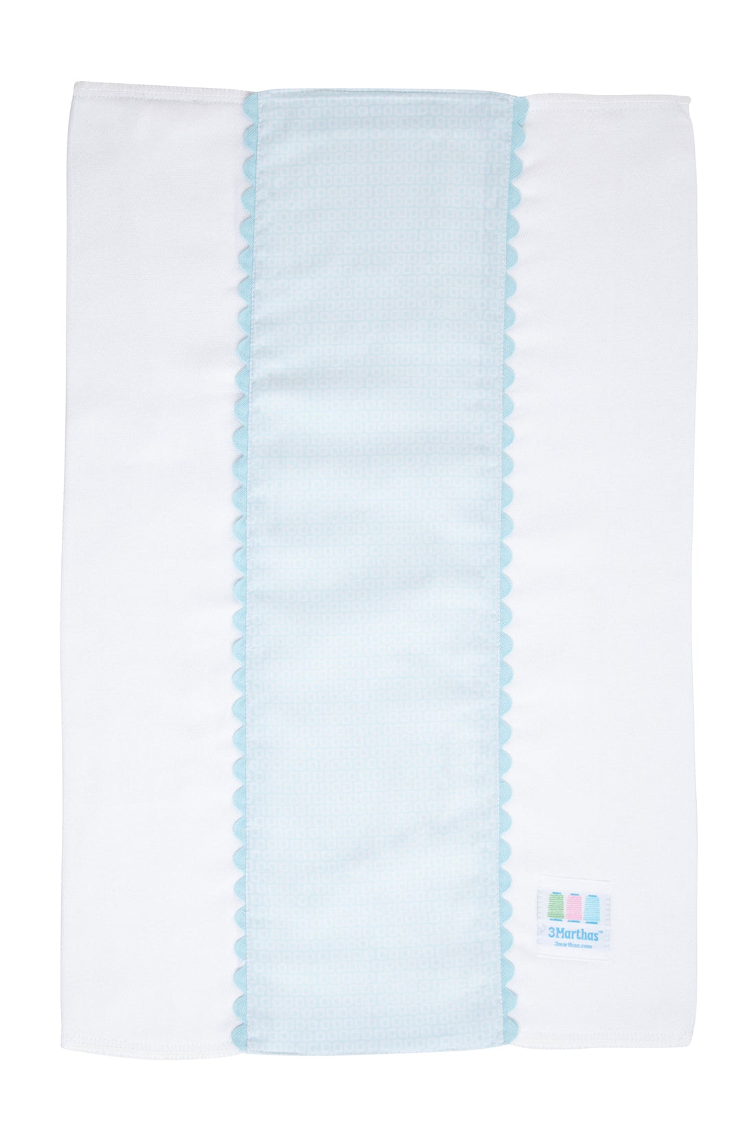 Cotton burp cloth for baby with blue dot print fabric and blue ric rac trim, 3 Marthas