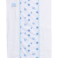 White burp cloth with blue horse shoe pattern and a blue bow, 3 Marthas
