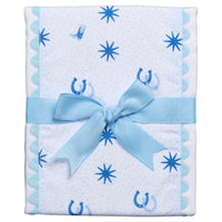 White burp cloth with blue horse shoe pattern and a blue bow, 3 Marthas