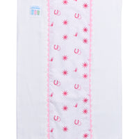 White burp cloth with pink horse shoe pattern and a pink bow, 3 Marthas