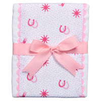 White burp cloth with pink horse shoe pattern and a pink bow, 3 Marthas