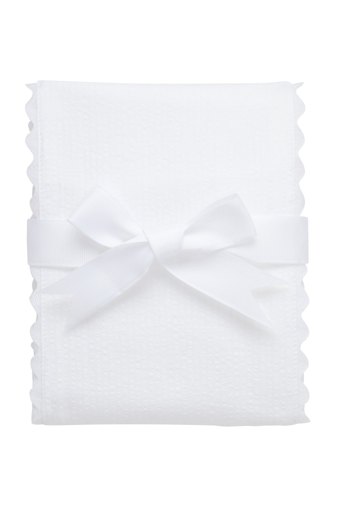 Cotton burp cloth for baby with white seersucker stripe fabric and white ric rac trim, 3 Marthas