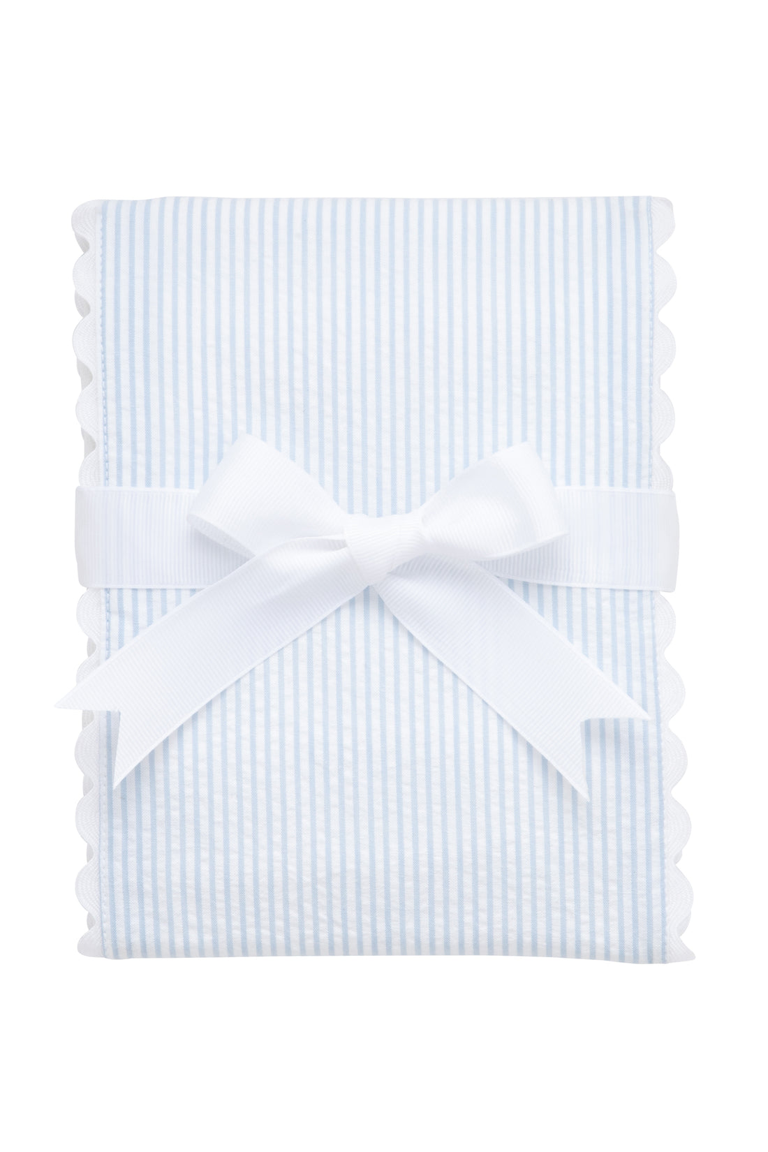 Cotton burp cloth for baby with blue seersucker stripe fabric and white ric rac trim, 3 Marthas