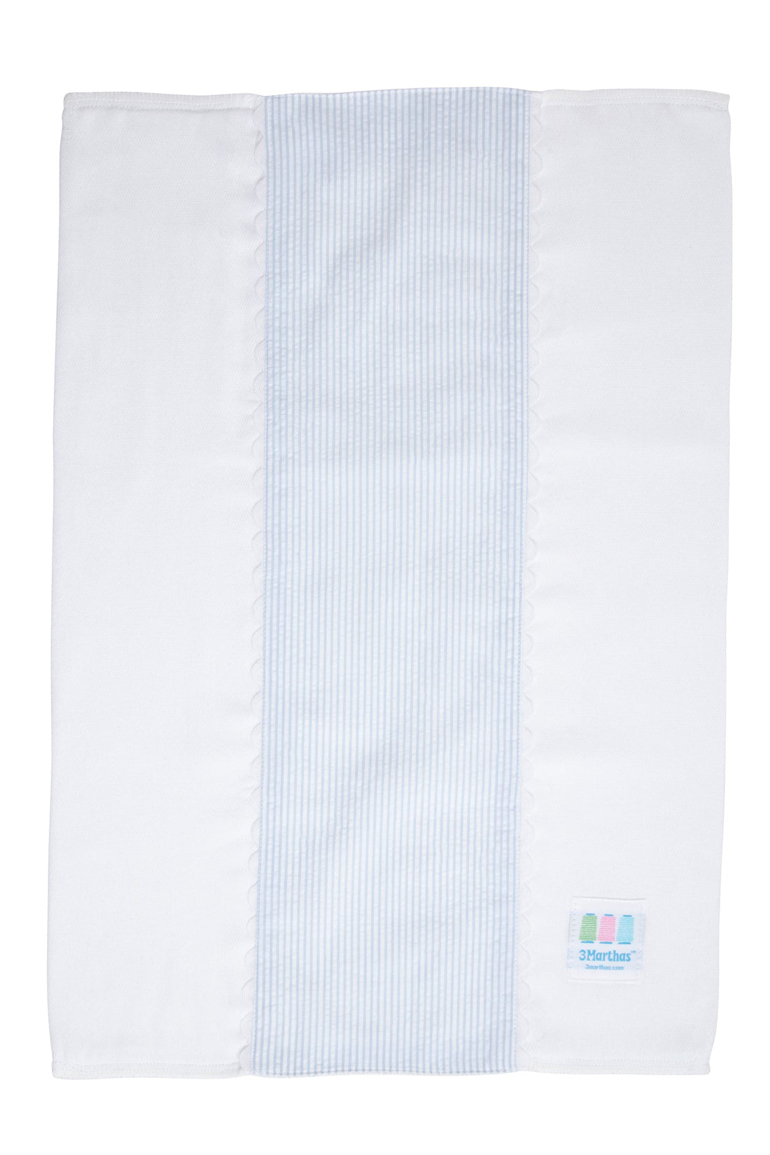 Cotton burp cloth for baby with blue seersucker stripe fabric and white ric rac trim, 3 Marthas