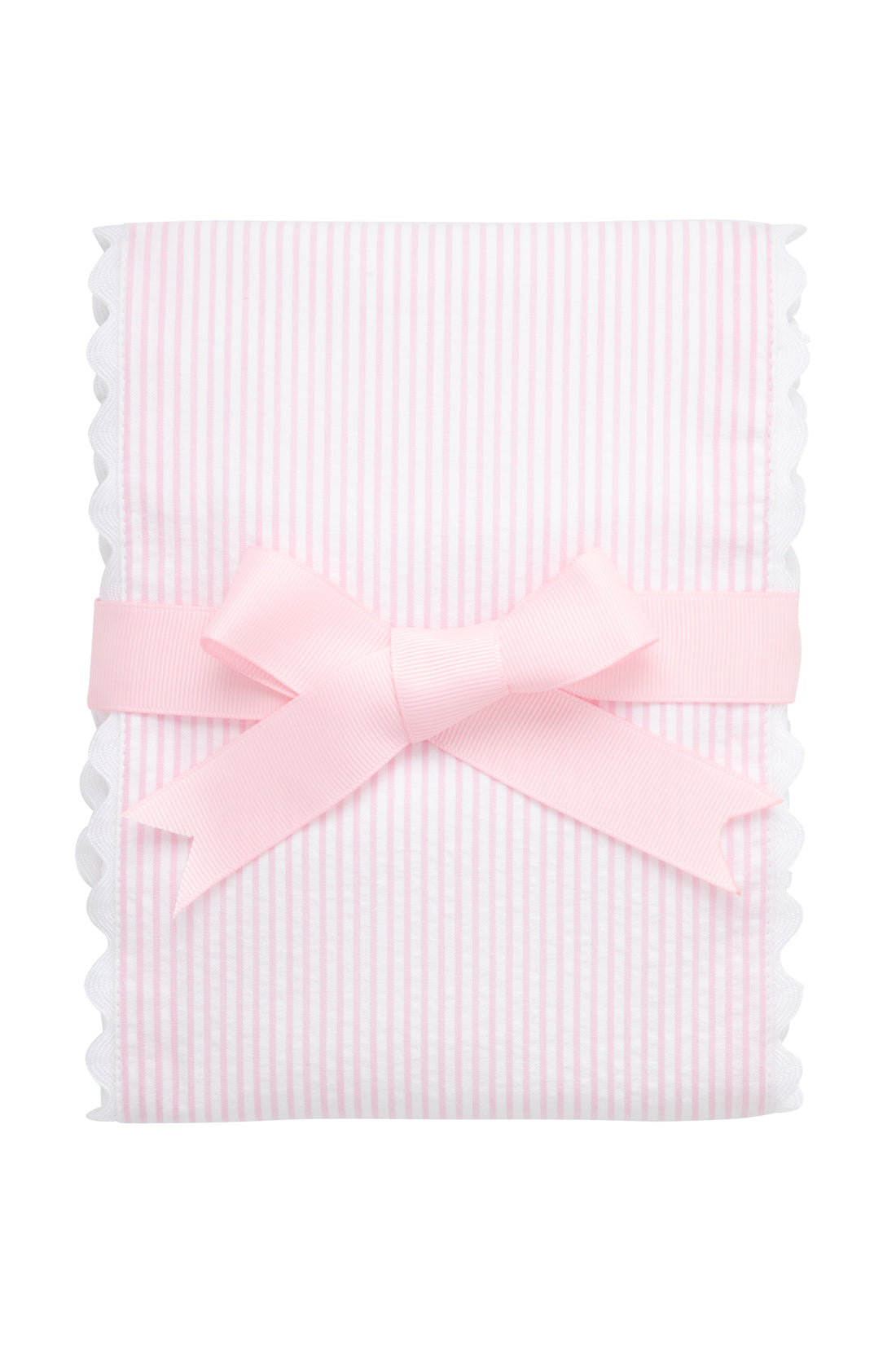 Cotton burp cloth for baby with pink seersucker stripe fabric and white ric rac trim, 3 Marthas