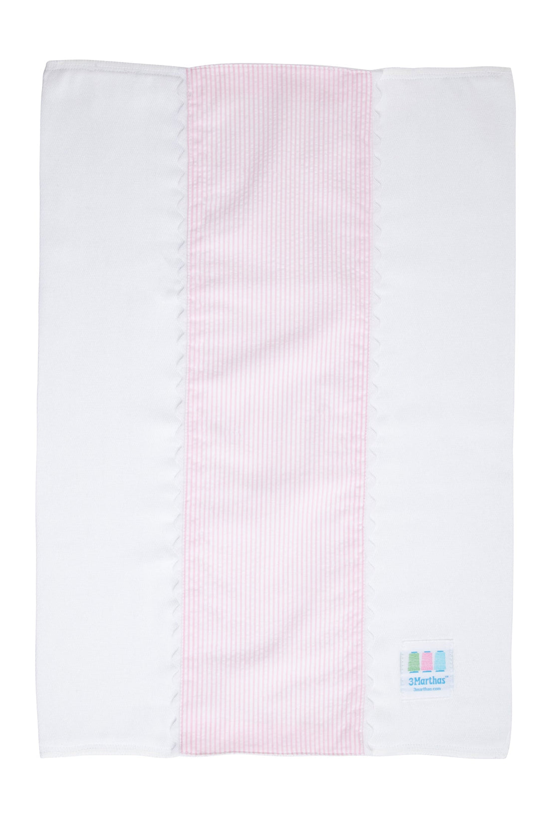Cotton burp cloth for baby with pink seersucker stripe fabric and white ric rac trim, 3 Marthas
