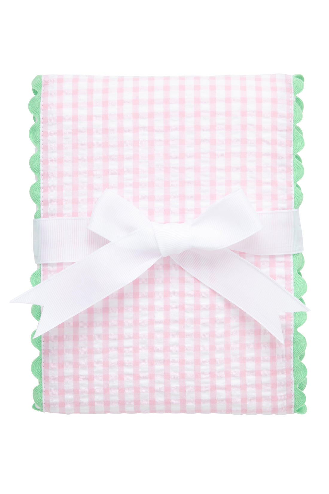 Cotton burp cloth for baby with pink gingham check print fabric and green ric rac trim, 3 Marthas