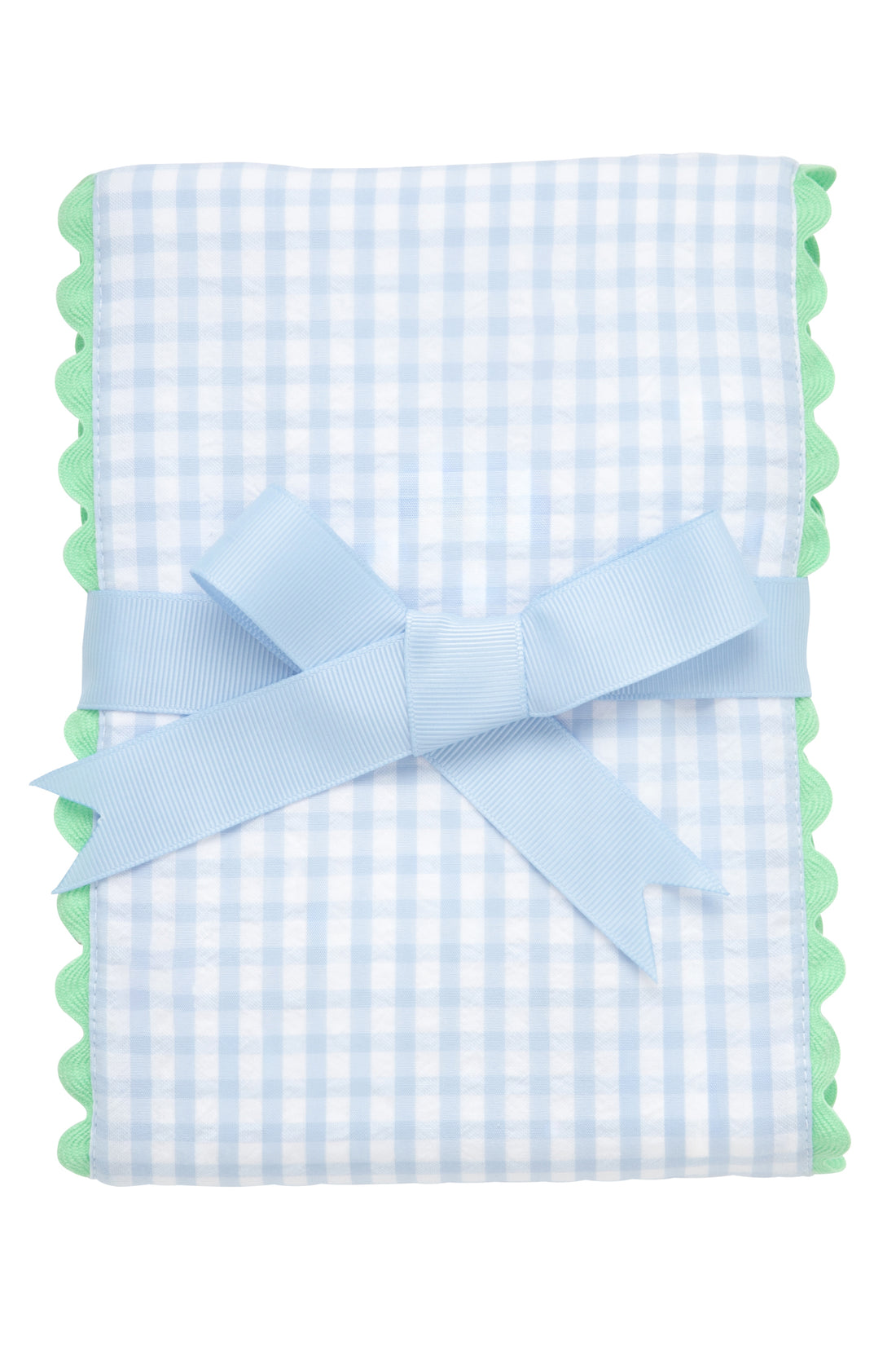 Cotton burp cloth for baby with blue gingham check print fabric and green ric rac trim, 3 Marthas