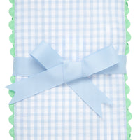 Cotton burp cloth for baby with blue gingham check print fabric and green ric rac trim, 3 Marthas
