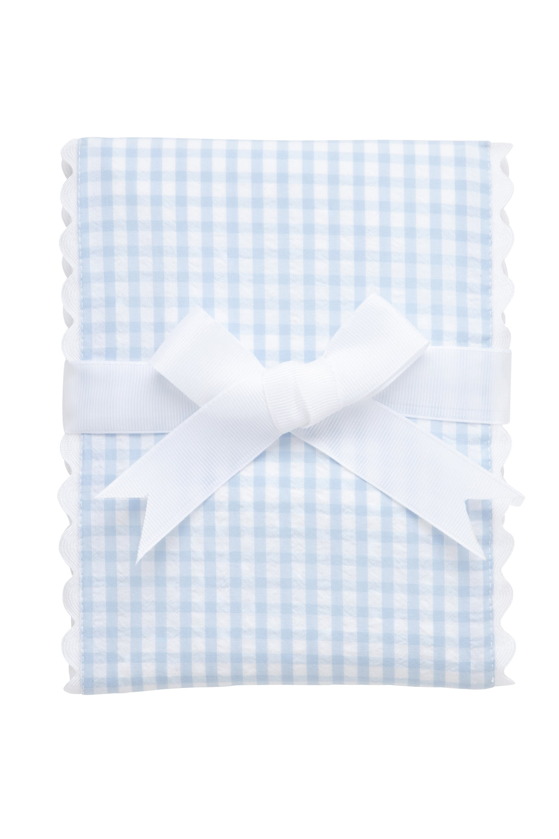 Cotton burp cloth for baby with blue gingham check print fabric and white ric rac trim, 3 Marthas