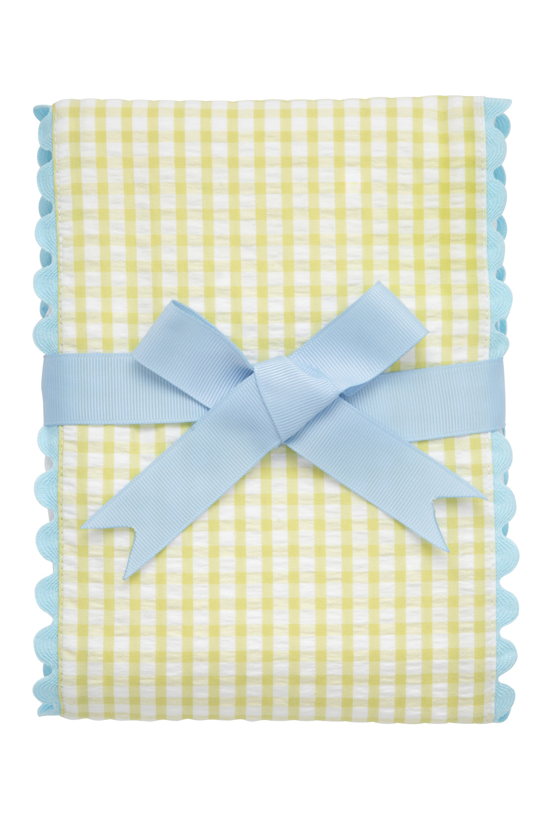 Cotton burp cloth for baby with green gingham check print fabric and blue ric rac trim, 3 Marthas