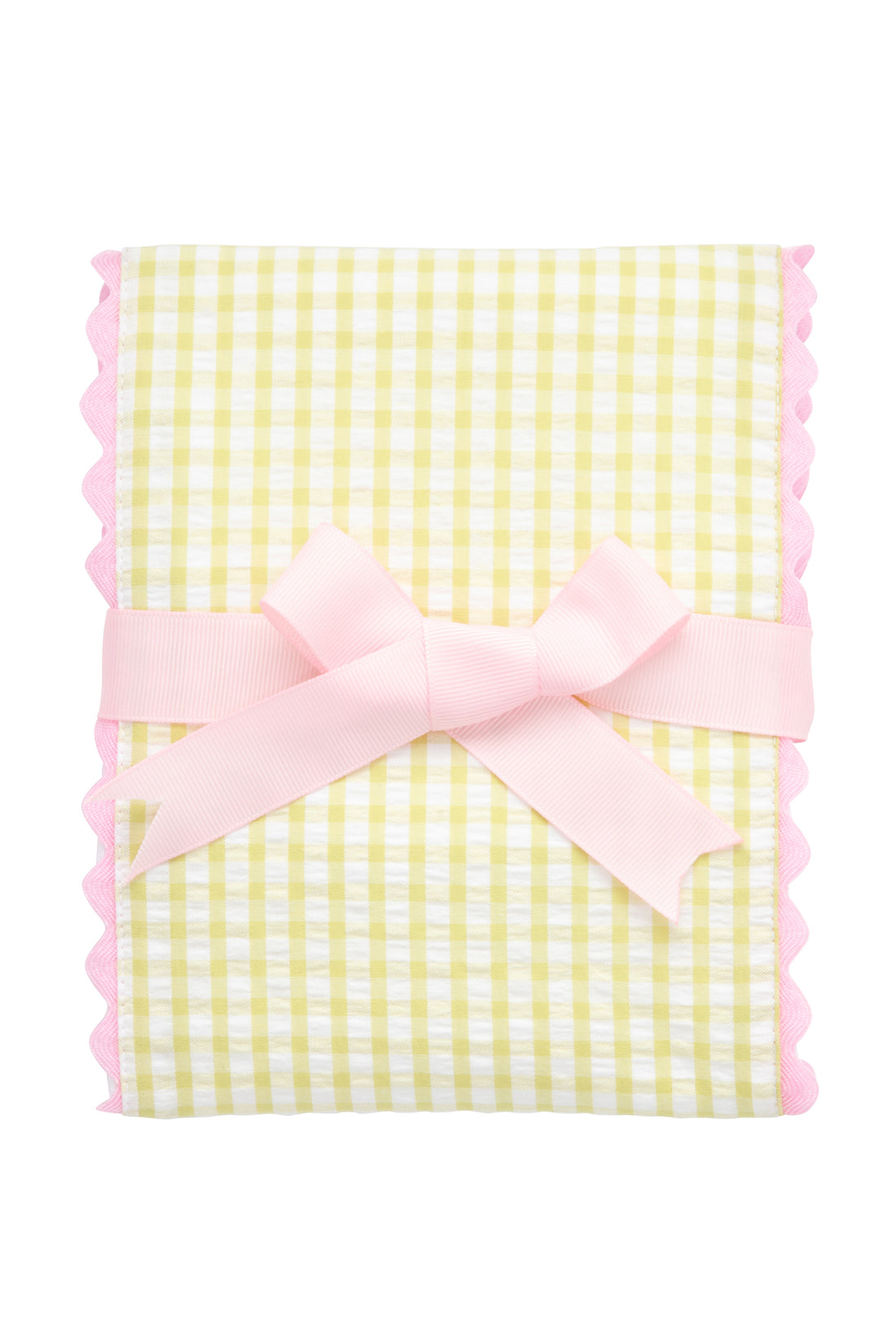 Cotton burp cloth for baby with green gingham check print fabric and pink ric rac trim, 3 Marthas