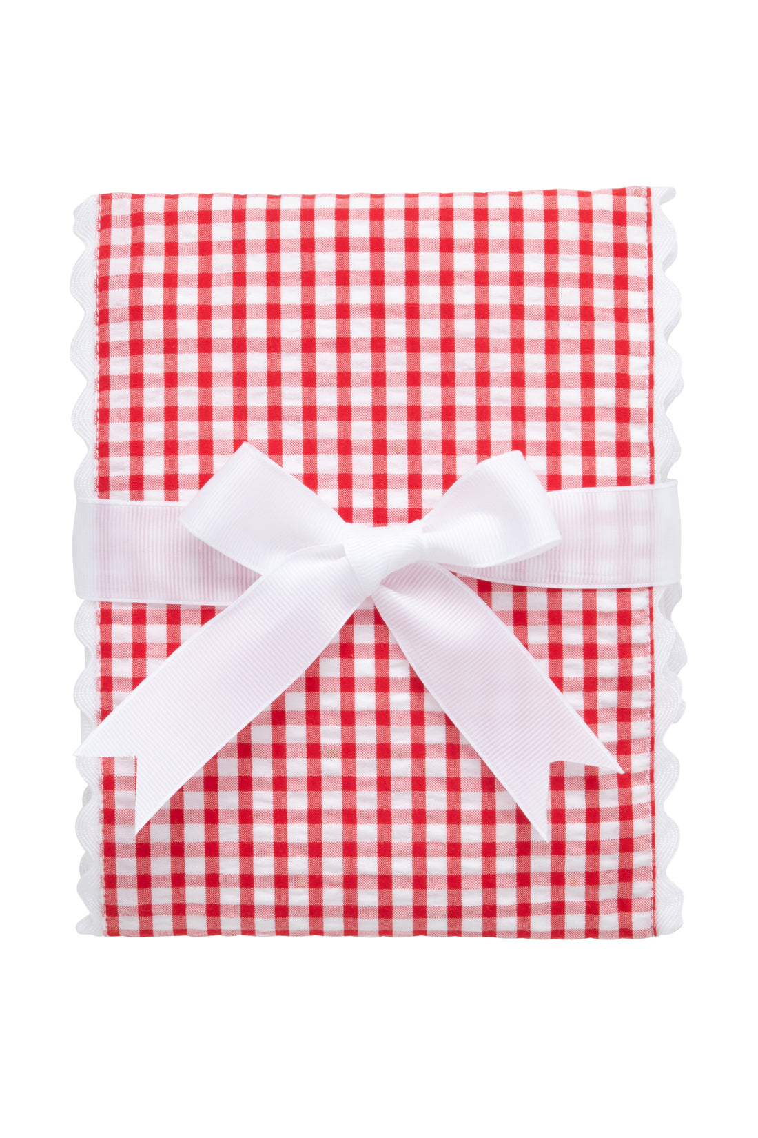 Cotton burp cloth for baby with red gingham check print fabric and white ric rac trim, 3 Marthas