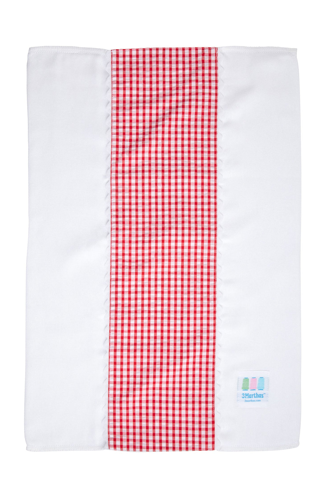 Cotton burp cloth for baby with red gingham check print fabric and white ric rac trim, 3 Marthas