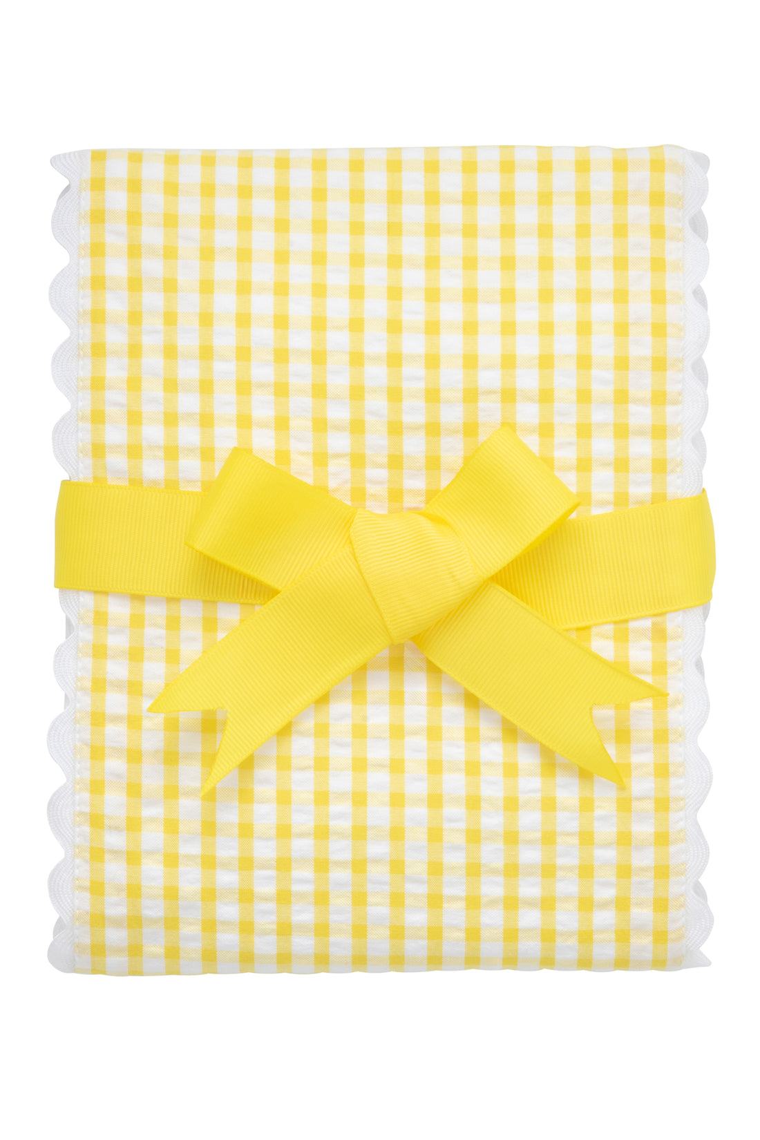 Cotton burp cloth for baby with yellow gingham check print fabric and white ric rac trim, 3 Marthas