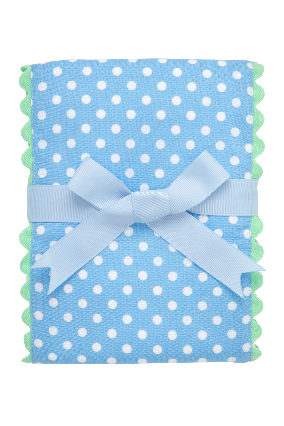 Cotton burp cloth for baby with blue dot print fabric and green ric rac trim, 3 Marthas