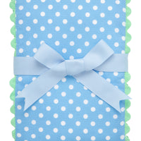 Cotton burp cloth for baby with blue dot print fabric and green ric rac trim, 3 Marthas
