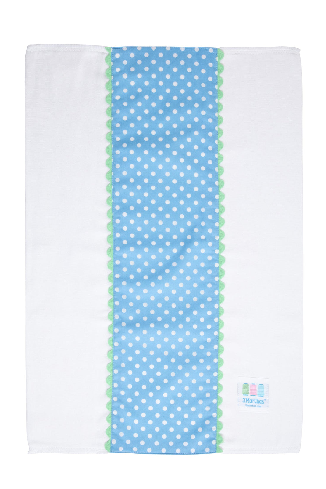 Cotton burp cloth for baby with blue dot print fabric and green ric rac trim, 3 Marthas