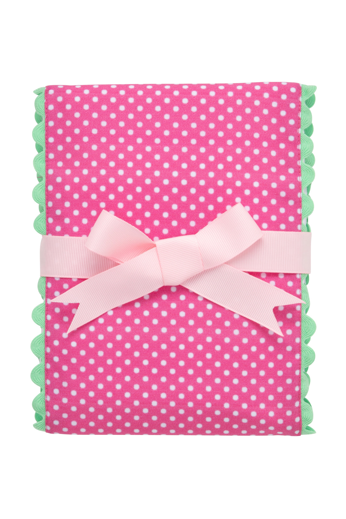 Pink polka dot cotton baby burp cloth with green ric rac, 3 Marthas