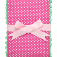 Pink polka dot cotton baby burp cloth with green ric rac, 3 Marthas
