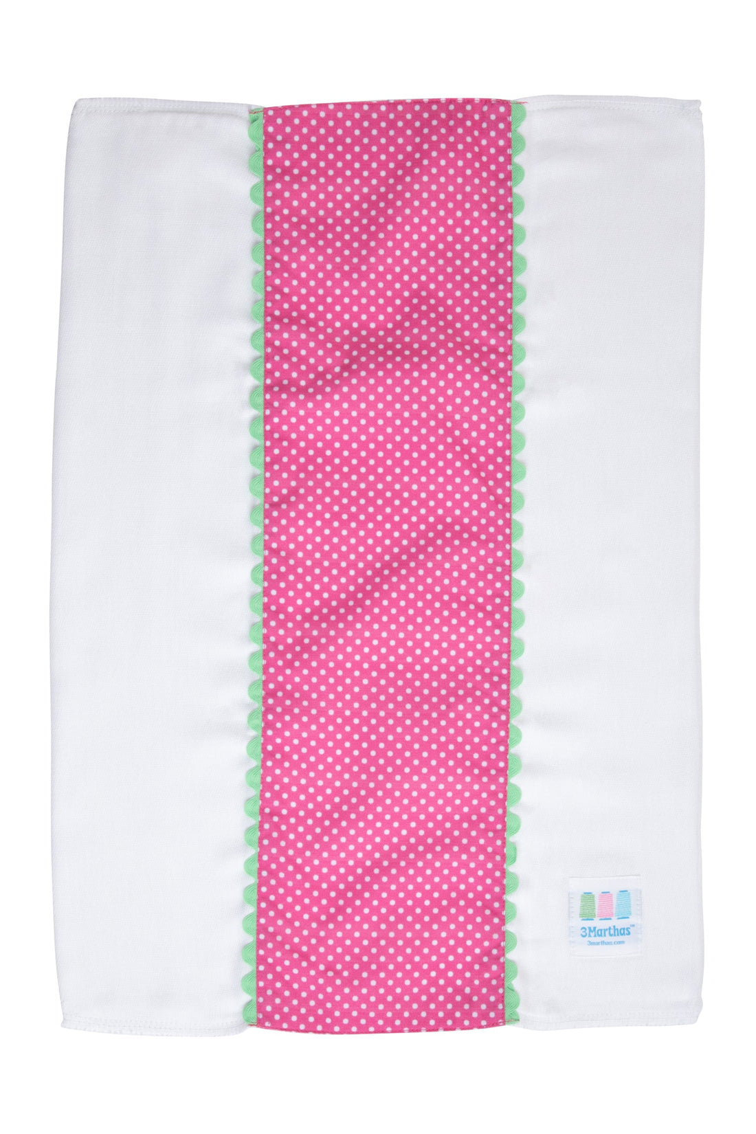 Cotton burp cloth for baby with pink dot print fabric and green ric rac trim, 3 Marthas