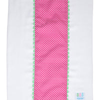 Cotton burp cloth for baby with pink dot print fabric and green ric rac trim, 3 Marthas