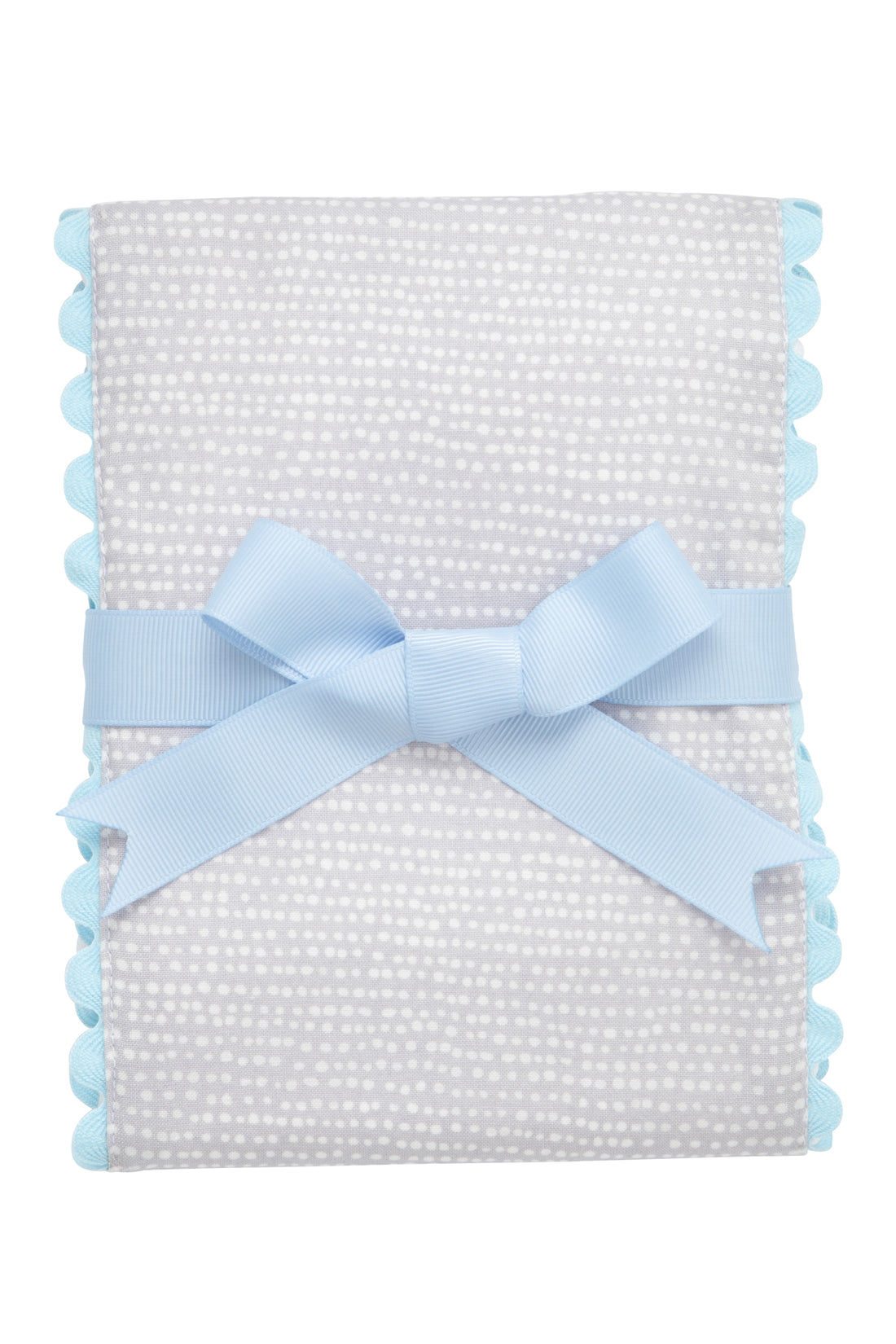 Cotton burp cloth for baby with gray dot print fabric and blue ric rac trim, 3 Marthas