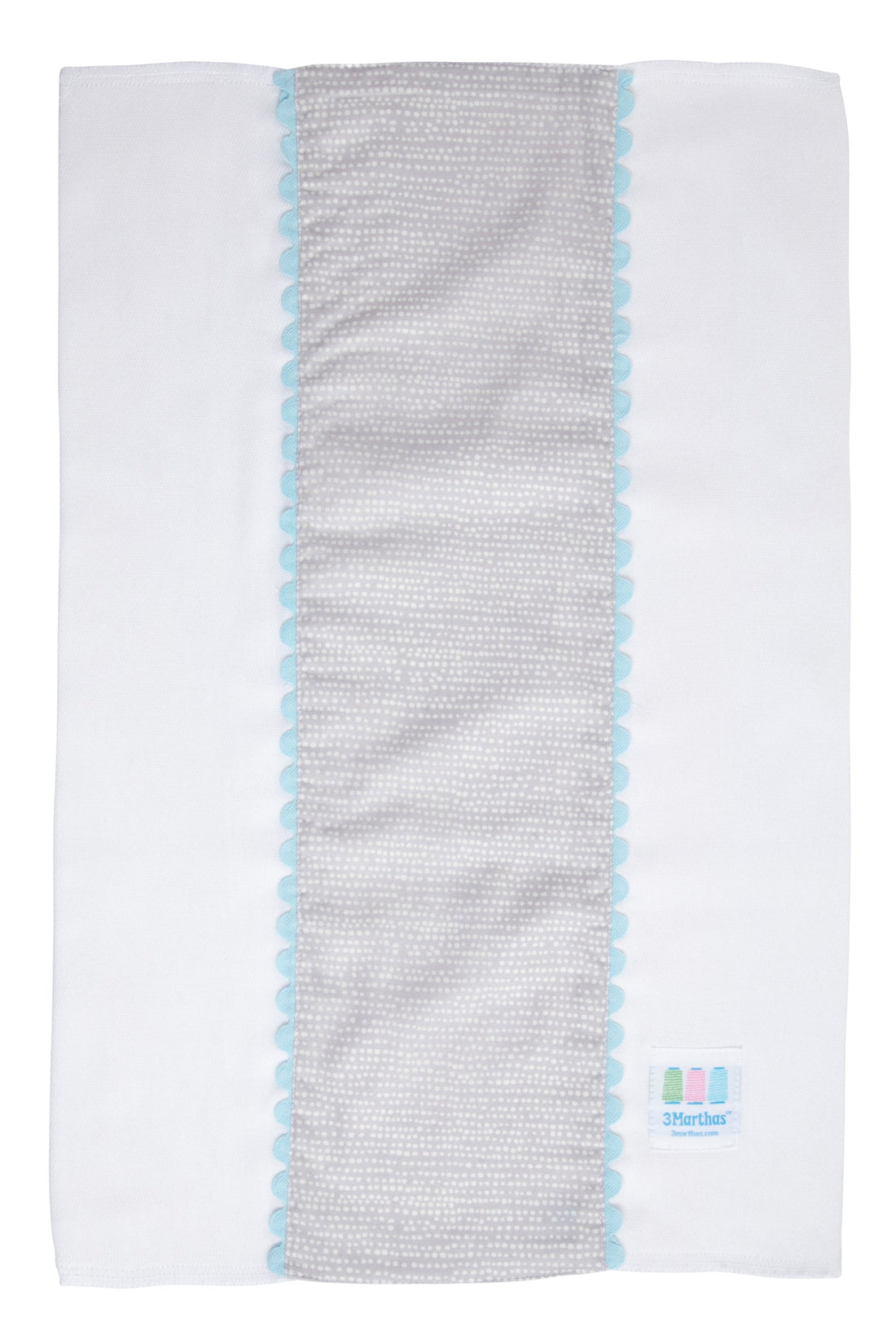 Cotton burp cloth for baby with gray dot print fabric and blue ric rac trim, 3 Marthas