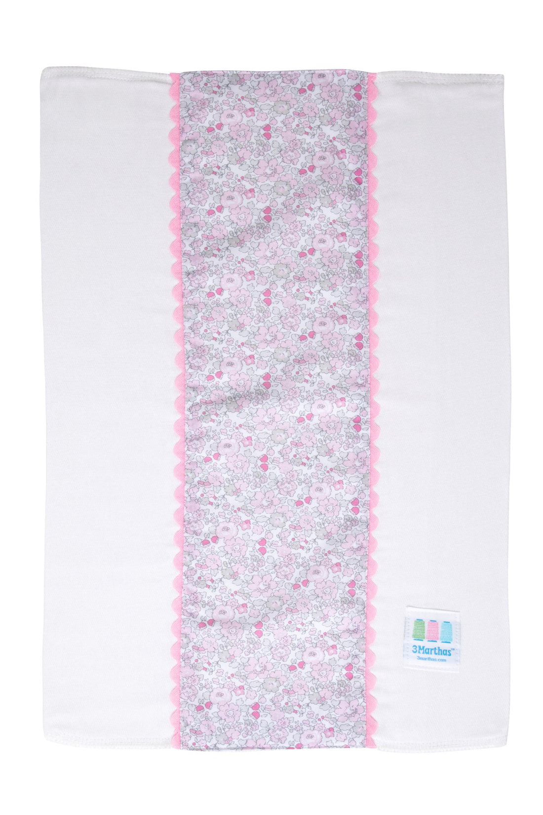 Cotton burp cloth for baby with pink and gray floral print fabric and pink ric rac trim, 3 Marthas