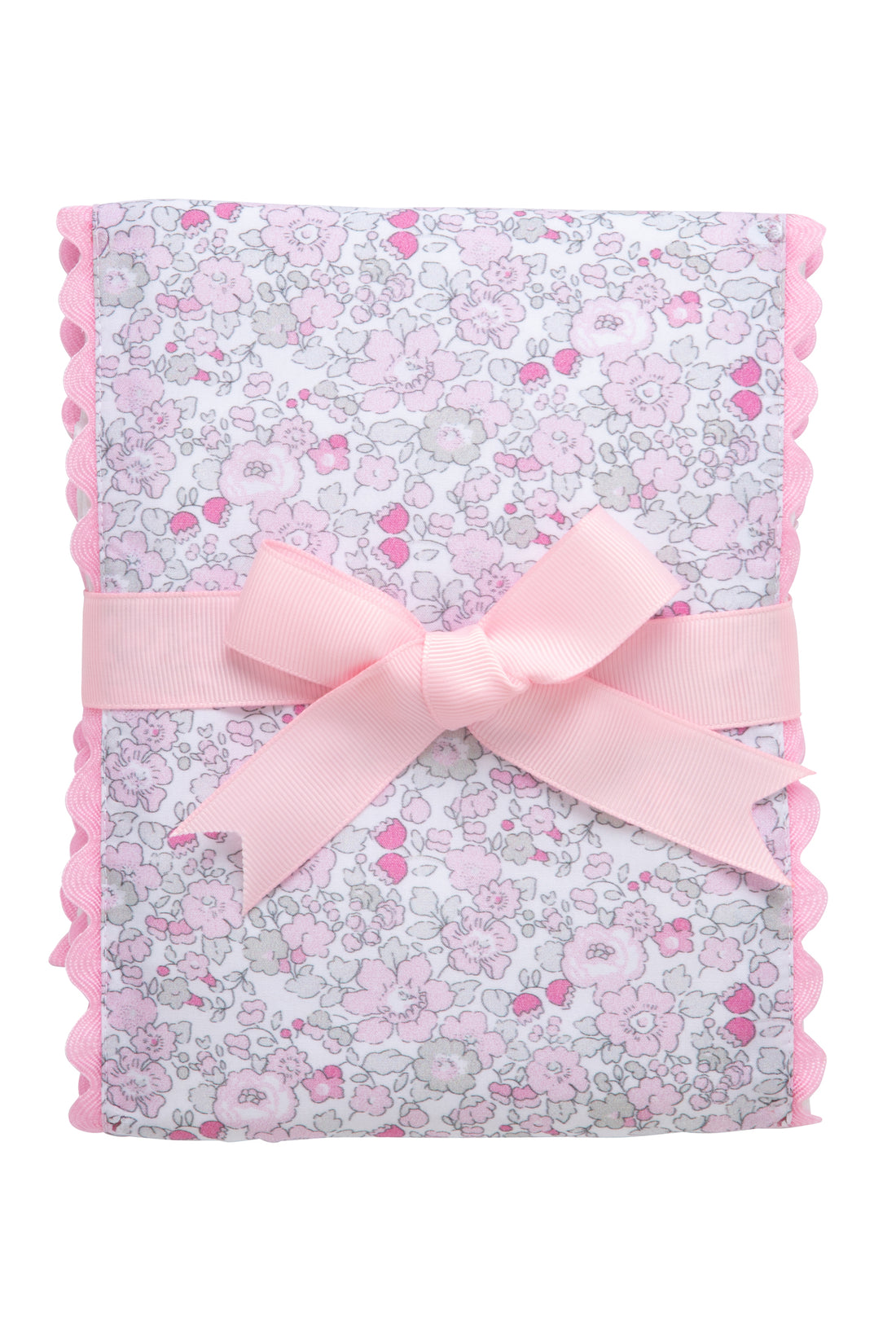 Cotton burp cloth for baby with pink and gray floral print fabric and pink ric rac trim, 3 Marthas