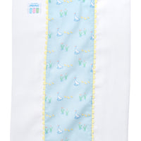 Cotton burp cloth for baby with blue duck print fabric and yellow ric rac trim, 3 Marthas