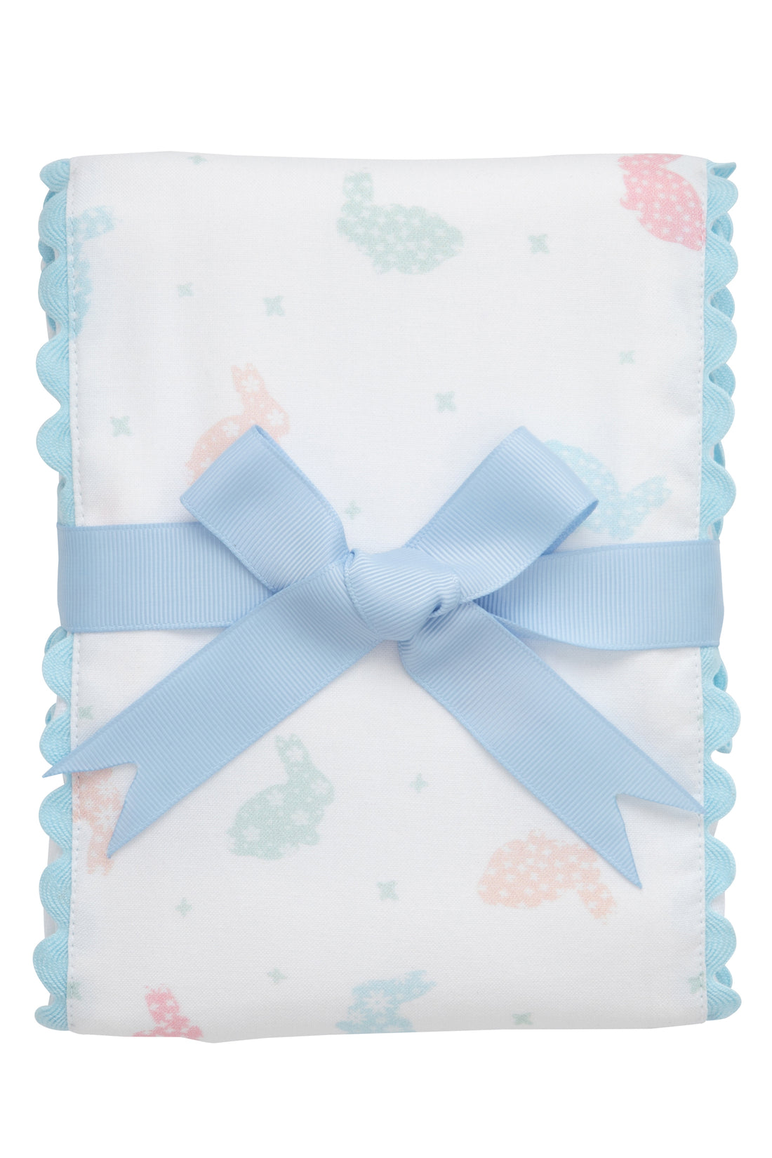 Cotton burp cloth for baby with multi pastel bunny print fabric and blue ric rac trim, 3 Marthas
