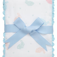 Cotton burp cloth for baby with multi pastel bunny print fabric and blue ric rac trim, 3 Marthas