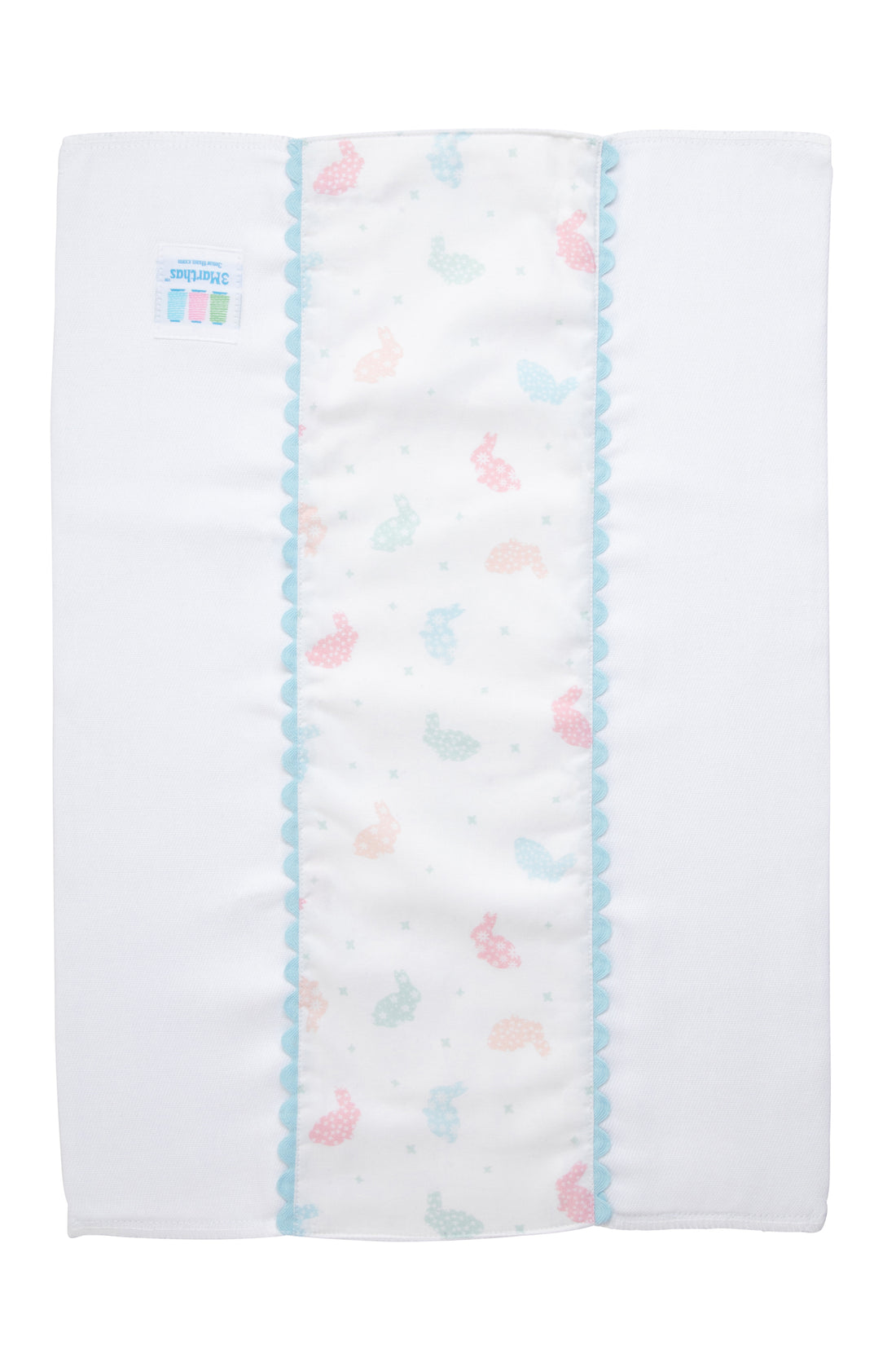 Cotton burp cloth for baby with multi pastel bunny print fabric and blue ric rac trim, 3 Marthas