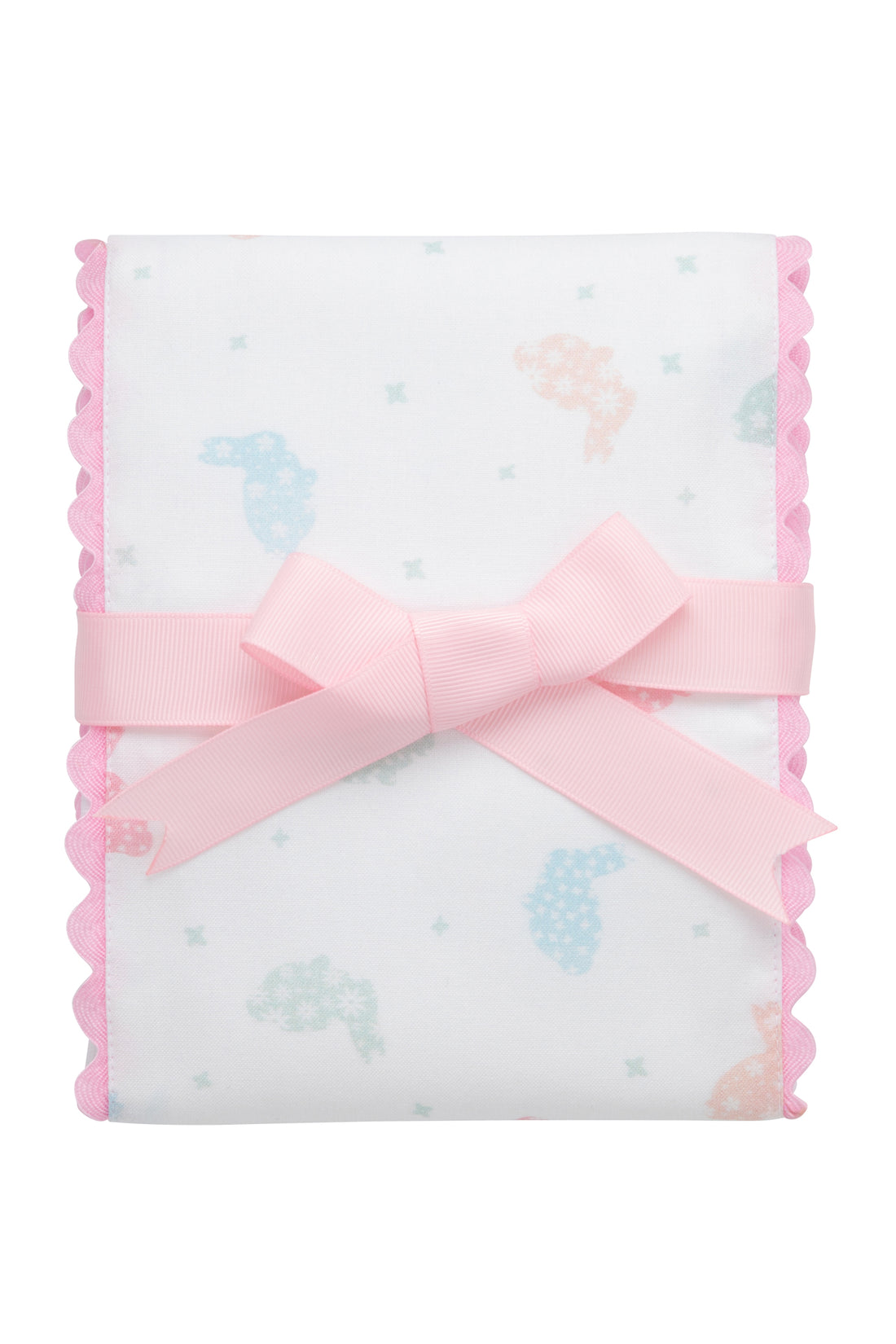 Cotton burp cloth for baby with multi pastel bunny print fabric and pink ric rac trim, 3 Marthas