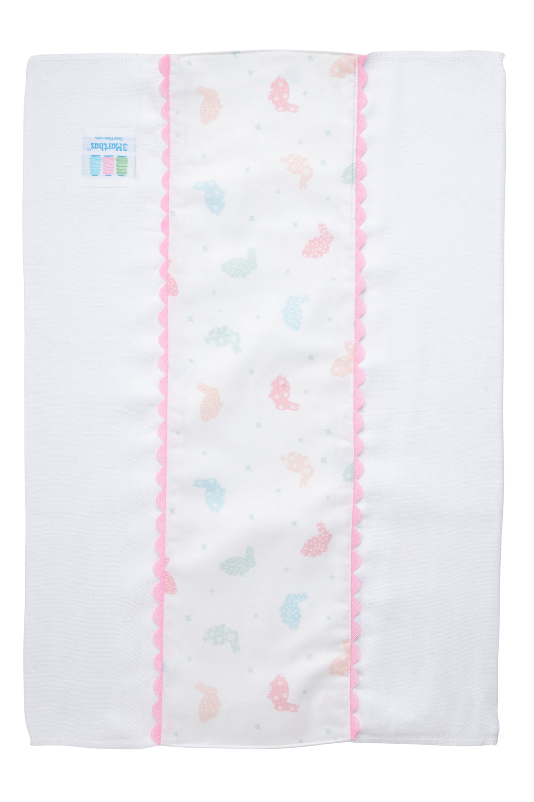 Cotton burp cloth for baby with multi pastel bunny print fabric and pink ric rac trim, 3 Marthas