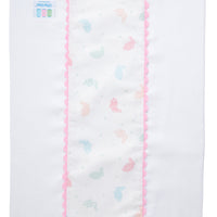 Cotton burp cloth for baby with multi pastel bunny print fabric and pink ric rac trim, 3 Marthas
