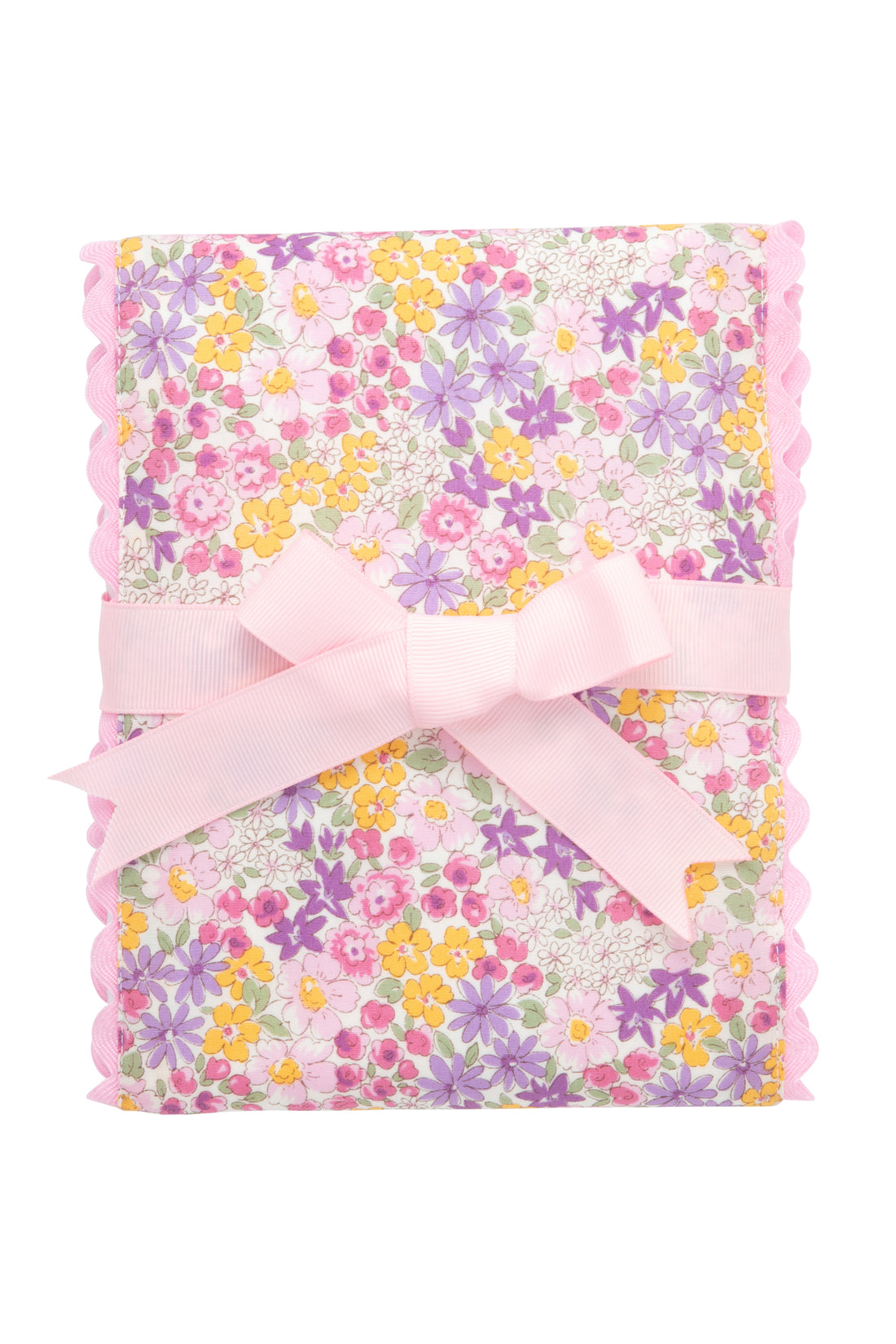 Cotton burp cloth for baby with pink and purple floral print fabric and pink ric rac trim, 3 Marthas