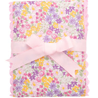 Cotton burp cloth for baby with pink and purple floral print fabric and pink ric rac trim, 3 Marthas