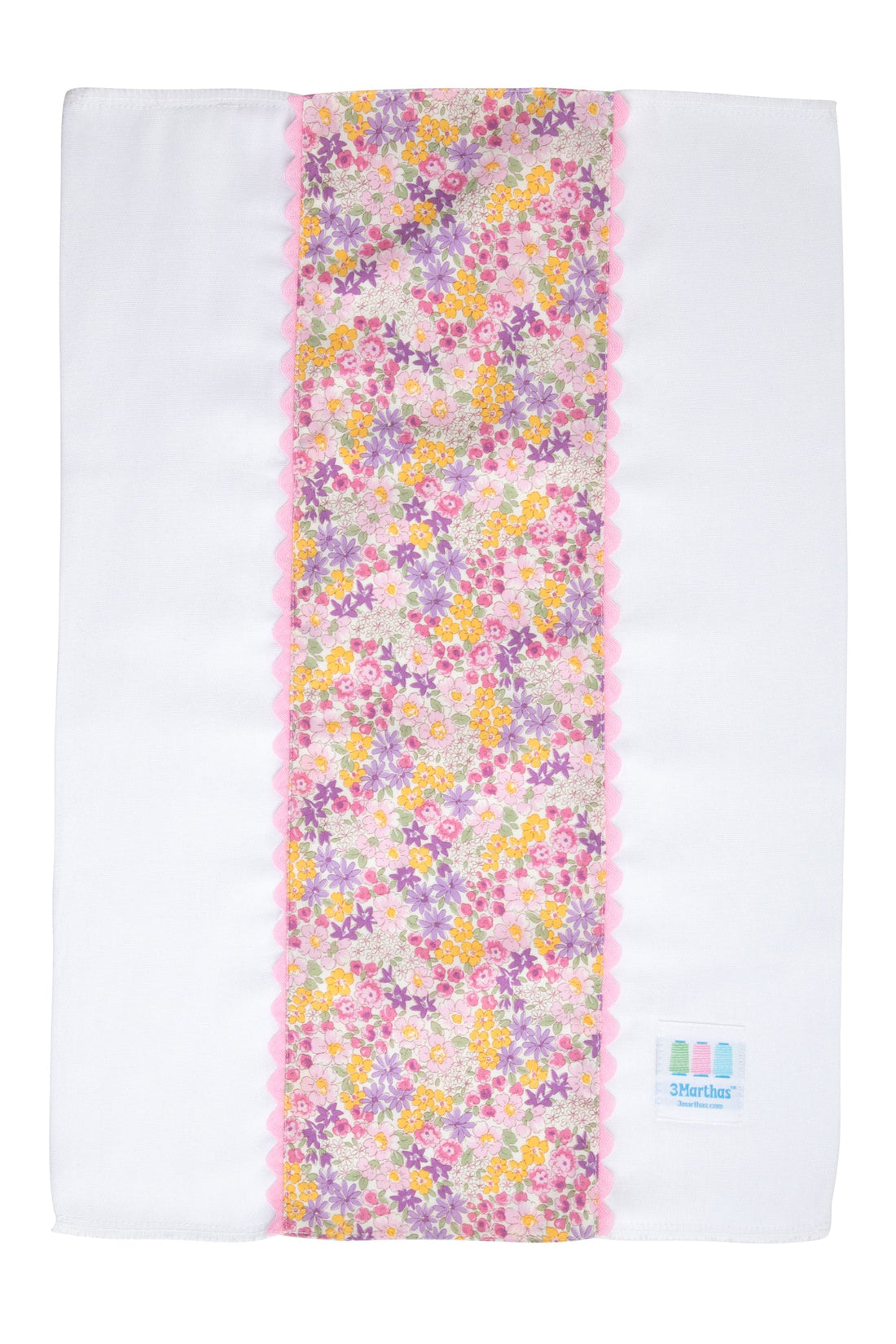 Cotton burp cloth for baby with pink and purple floral print fabric and pink ric rac trim, 3 Marthas