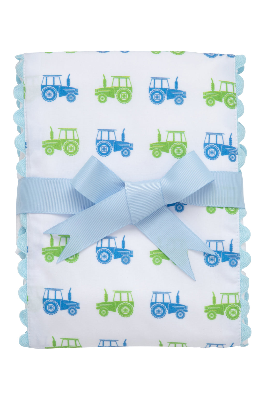 Cotton burp cloth for baby with blue and green tractor print fabric and blue ric rac trim, 3 Marthas